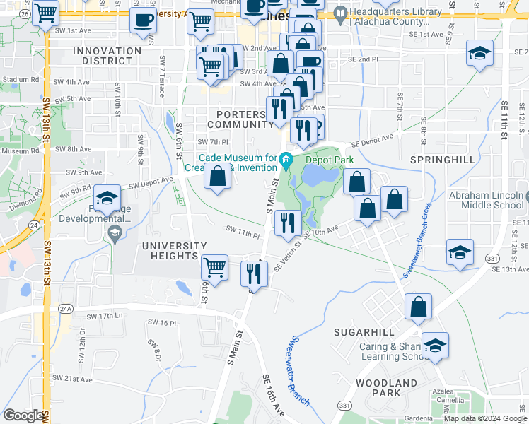 map of restaurants, bars, coffee shops, grocery stores, and more near 1024 South Main Street in Gainesville