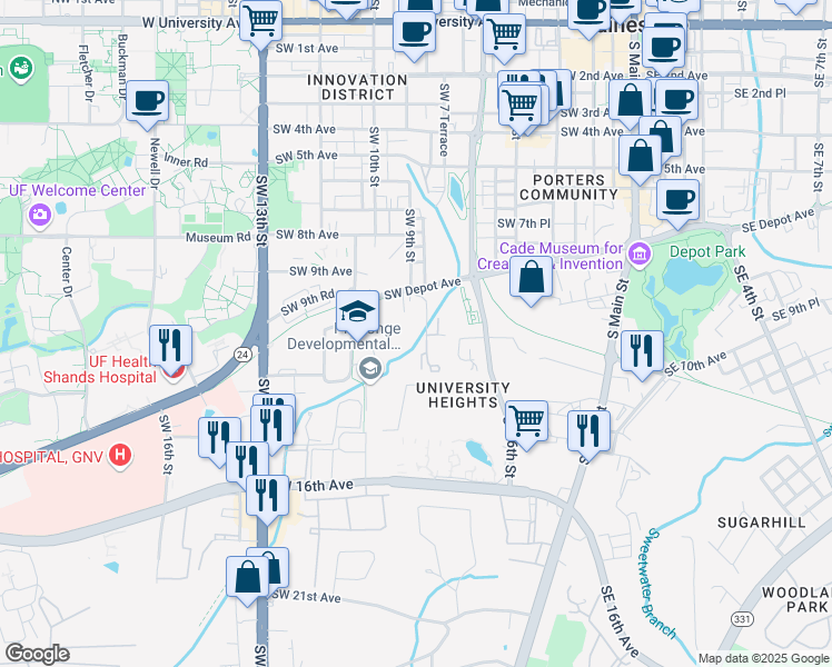 map of restaurants, bars, coffee shops, grocery stores, and more near 1054 SW 9th St in Gainesville