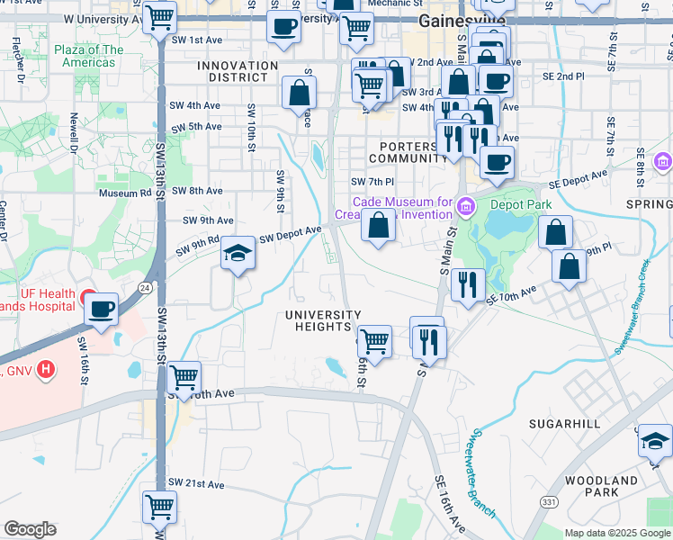 map of restaurants, bars, coffee shops, grocery stores, and more near 610 Southwest 10th Lane in Gainesville
