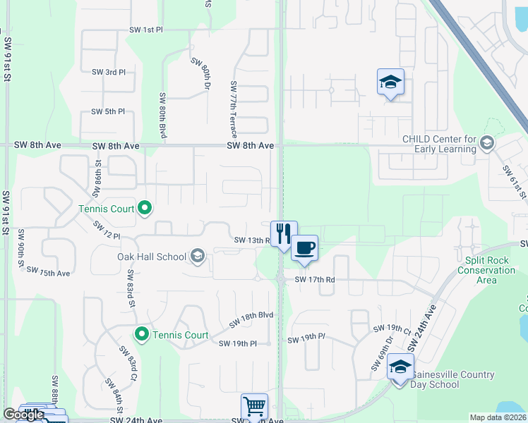 map of restaurants, bars, coffee shops, grocery stores, and more near 1121 Southwest 76 Terrace in Gainesville