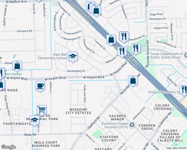 map of restaurants, bars, coffee shops, grocery stores, and more near 12410 Caren Court in Houston