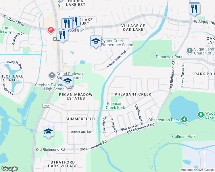 map of restaurants, bars, coffee shops, grocery stores, and more near 16707 Tranquil Drive in Sugar Land
