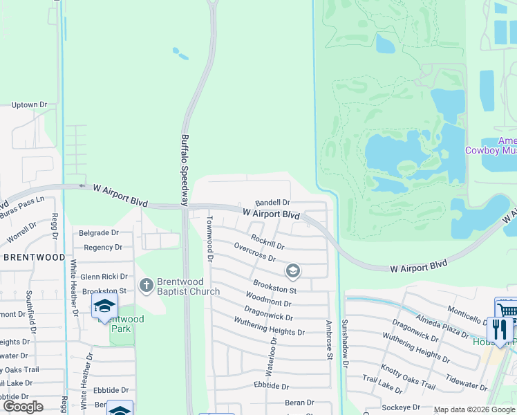 map of restaurants, bars, coffee shops, grocery stores, and more near 3347 Bandell Drive in Houston