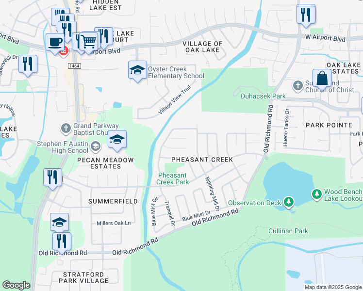 map of restaurants, bars, coffee shops, grocery stores, and more near 2718 Whispering Court in Sugar Land