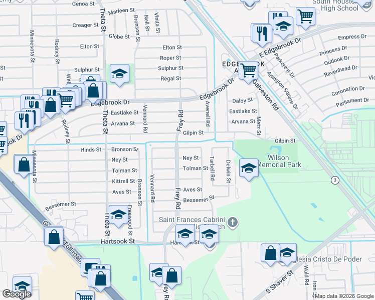 map of restaurants, bars, coffee shops, grocery stores, and more near 10518 Hinds Street in Houston