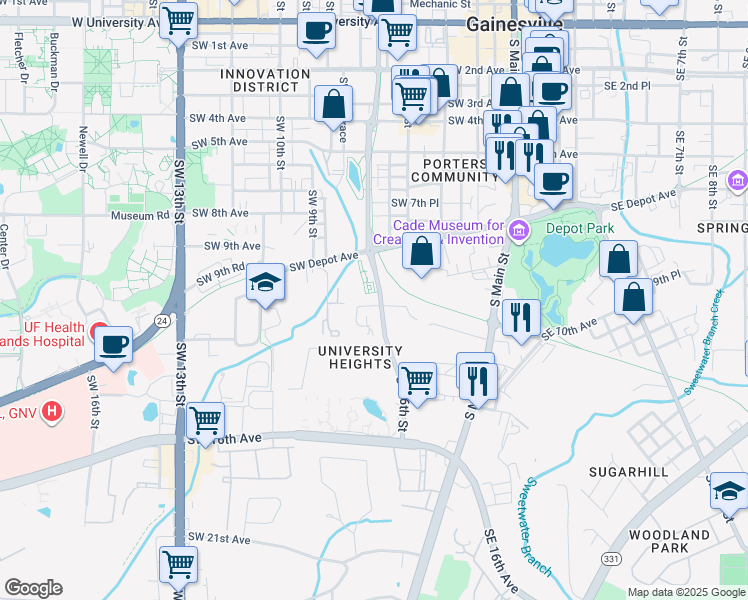 map of restaurants, bars, coffee shops, grocery stores, and more near 610 Southwest 10th Lane in Gainesville