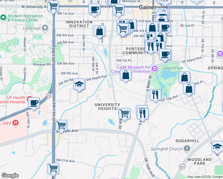 map of restaurants, bars, coffee shops, grocery stores, and more near 610 Southwest 10th Lane in Gainesville