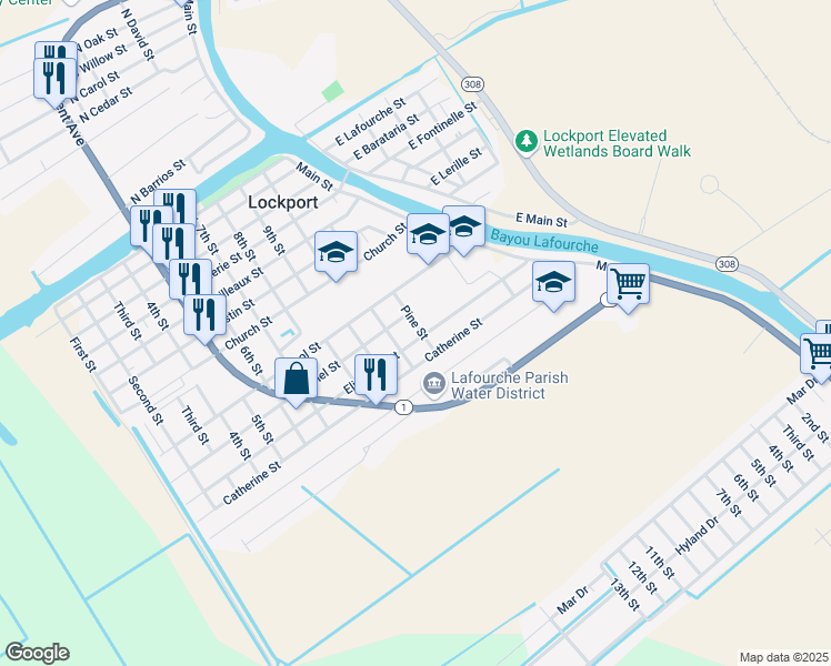 map of restaurants, bars, coffee shops, grocery stores, and more near 300-398 Elizabeth St in Lockport