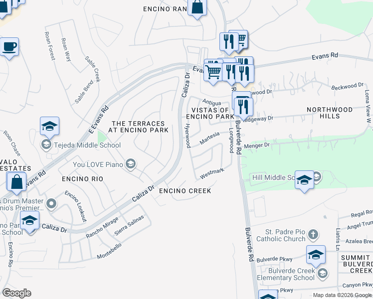 map of restaurants, bars, coffee shops, grocery stores, and more near 3502 Windy Ridge Court in San Antonio