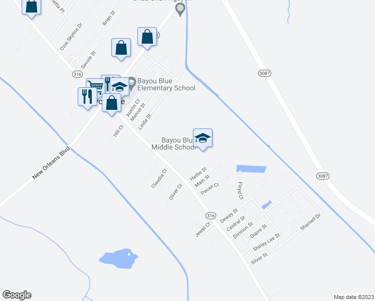 map of restaurants, bars, coffee shops, grocery stores, and more near Mazerac Street in Houma