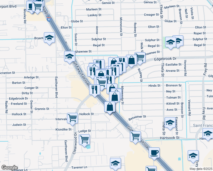 map of restaurants, bars, coffee shops, grocery stores, and more near 1150 Edgebrook Drive in Houston