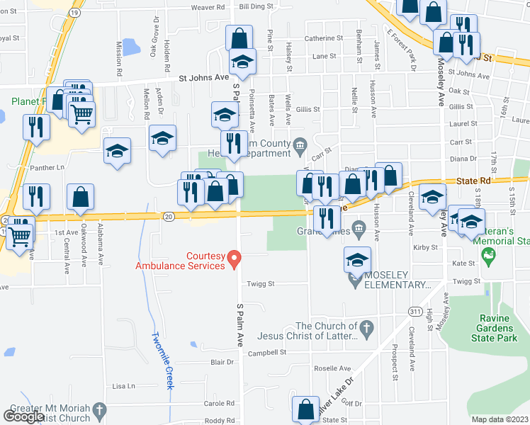 map of restaurants, bars, coffee shops, grocery stores, and more near 243 North 9th Street in Palatka