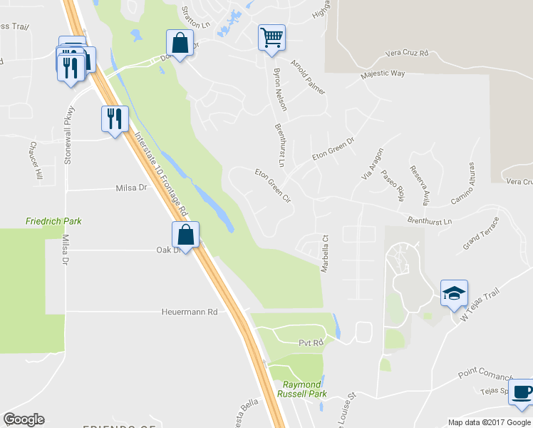 map of restaurants, bars, coffee shops, grocery stores, and more near 8 Turin Court in San Antonio