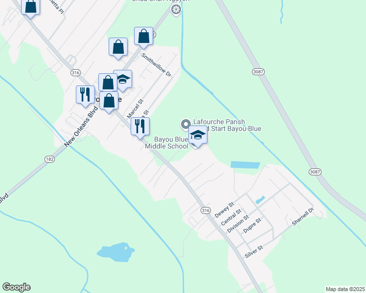 map of restaurants, bars, coffee shops, grocery stores, and more near Mazerac Street in Houma