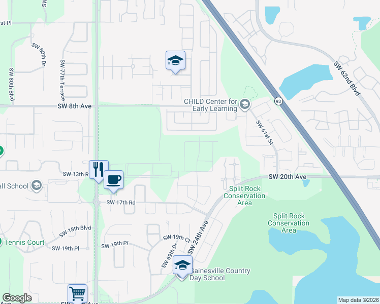 map of restaurants, bars, coffee shops, grocery stores, and more near 736-744 Queens Rd in Gainesville