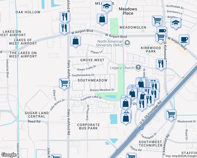 map of restaurants, bars, coffee shops, grocery stores, and more near 12330 Meadow Briar Drive in Stafford