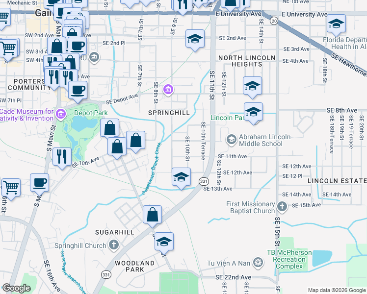 map of restaurants, bars, coffee shops, grocery stores, and more near 1022 Southeast 10th Street in Gainesville