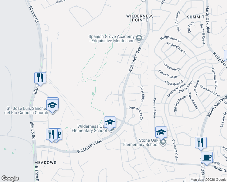 map of restaurants, bars, coffee shops, grocery stores, and more near 21503 Beaver Brk in San Antonio