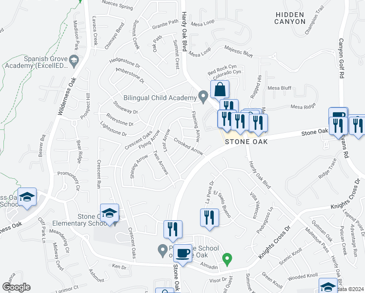 map of restaurants, bars, coffee shops, grocery stores, and more near 25026 Arrow Ridge in San Antonio