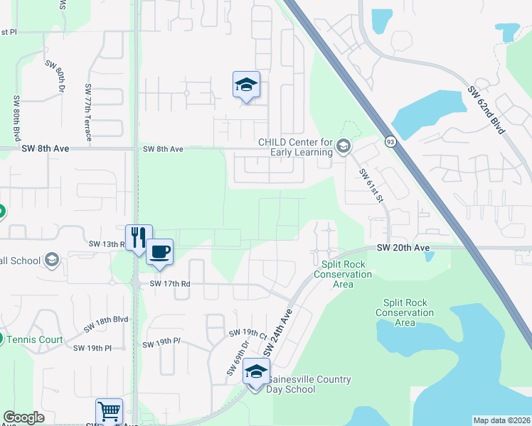 map of restaurants, bars, coffee shops, grocery stores, and more near 736-744 Queens Rd in Gainesville