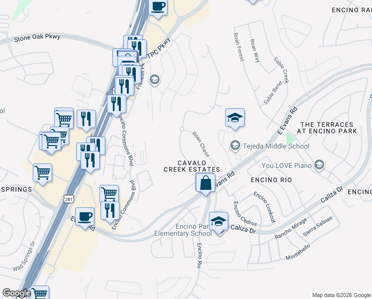 map of restaurants, bars, coffee shops, grocery stores, and more near 21602 Roan Bluff in San Antonio