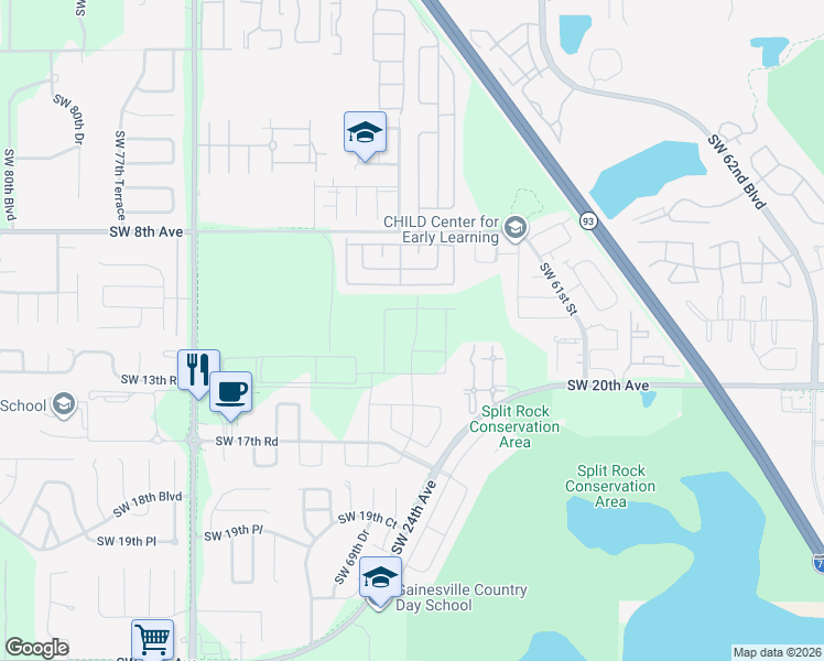 map of restaurants, bars, coffee shops, grocery stores, and more near 736-744 Queens Rd in Gainesville