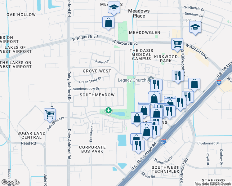 map of restaurants, bars, coffee shops, grocery stores, and more near 12322 Meadow Ridge Dr in Stafford