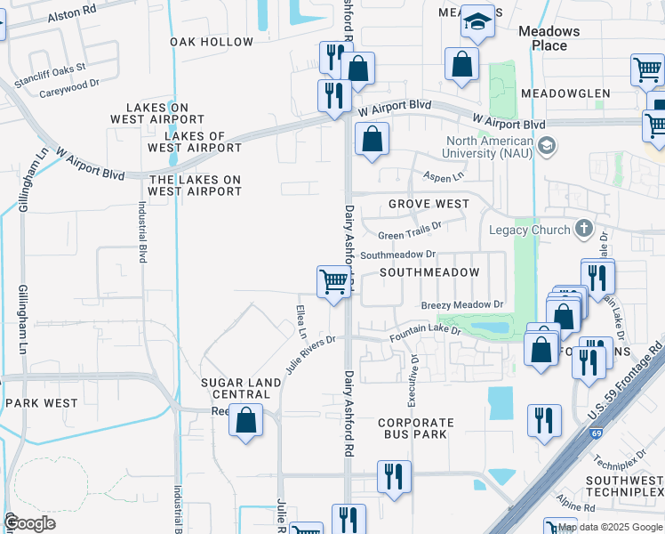 map of restaurants, bars, coffee shops, grocery stores, and more near 12300 Cardinal Meadow Drive in Sugar Land