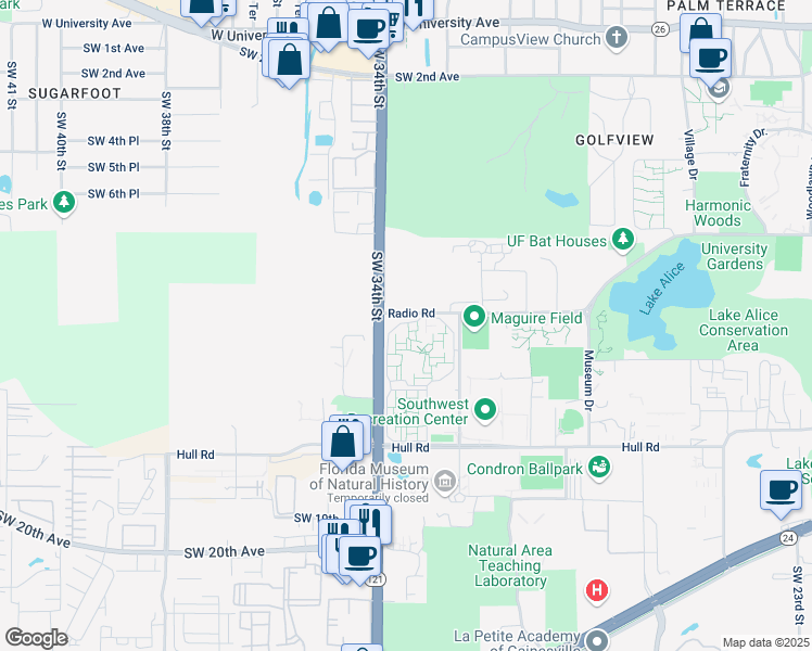 map of restaurants, bars, coffee shops, grocery stores, and more near 381 Maguire Village in Gainesville