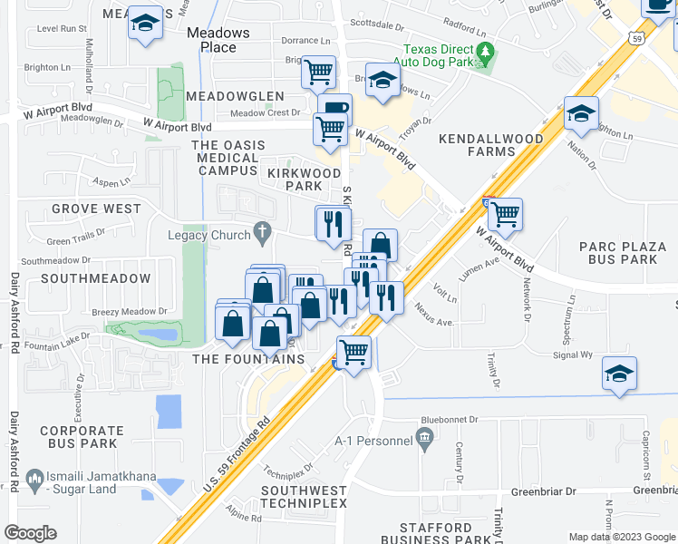 map of restaurants, bars, coffee shops, grocery stores, and more near 12525 South Kirkwood Road in Stafford