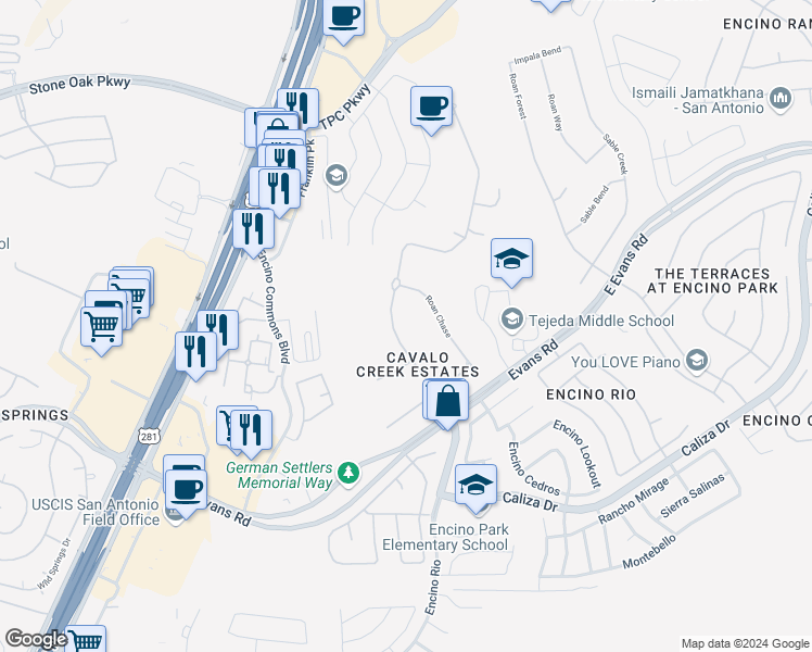 map of restaurants, bars, coffee shops, grocery stores, and more near 21602 Roan Bluff in San Antonio
