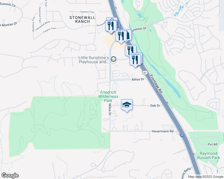 map of restaurants, bars, coffee shops, grocery stores, and more near 21395 Milsa Drive in San Antonio