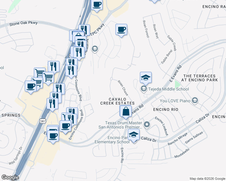 map of restaurants, bars, coffee shops, grocery stores, and more near 21606 Roan Bluff in San Antonio