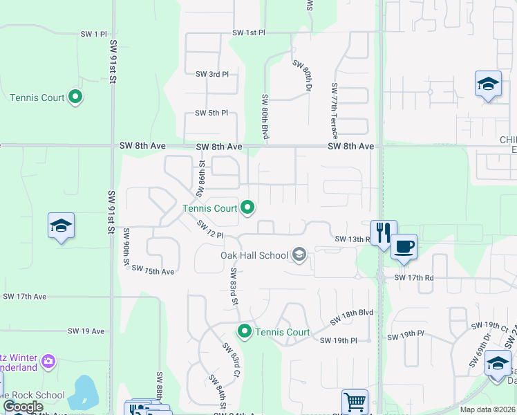 map of restaurants, bars, coffee shops, grocery stores, and more near 8122 Southwest 12th Place in Gainesville