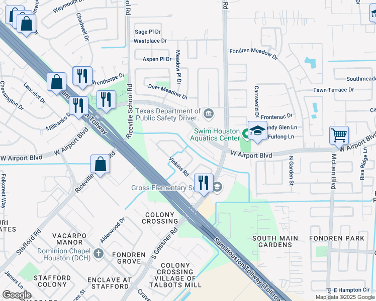 map of restaurants, bars, coffee shops, grocery stores, and more near 8706 East Rylander Circle in Houston