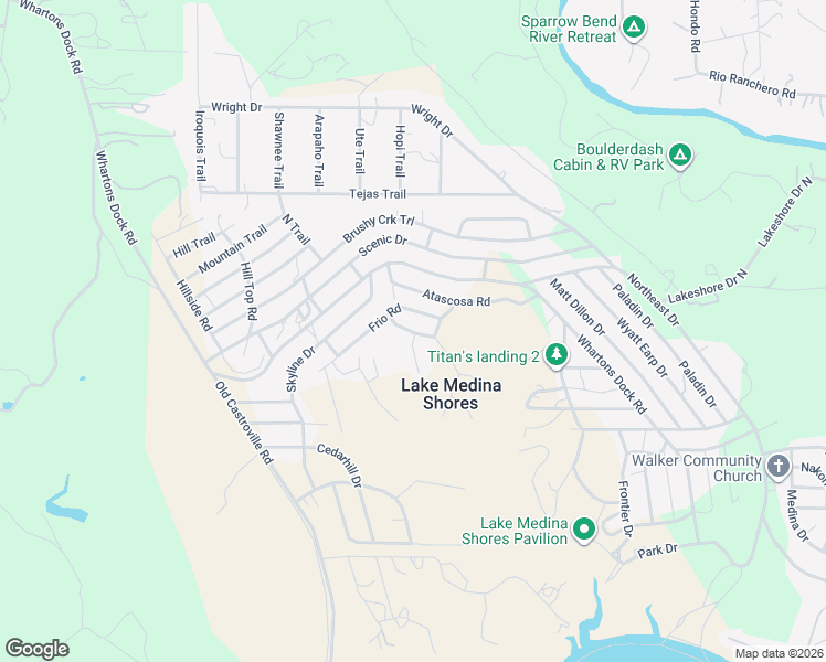 map of restaurants, bars, coffee shops, grocery stores, and more near 178 Camp Verde Road in Bandera