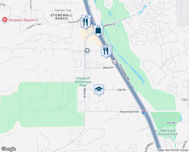 map of restaurants, bars, coffee shops, grocery stores, and more near 21630 Milsa Drive in San Antonio
