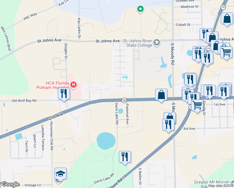 map of restaurants, bars, coffee shops, grocery stores, and more near 6100 Crill Avenue in Palatka