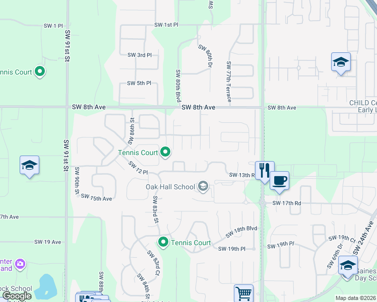 map of restaurants, bars, coffee shops, grocery stores, and more near 1120 Southwest 80th Drive in Gainesville