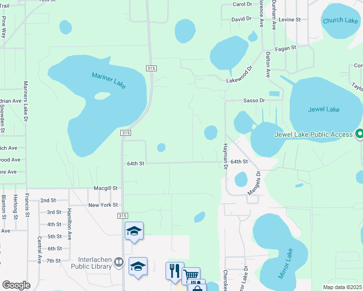 map of restaurants, bars, coffee shops, grocery stores, and more near 300 64th Street in Interlachen
