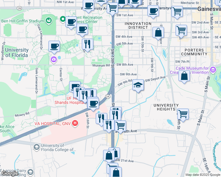 map of restaurants, bars, coffee shops, grocery stores, and more near in Gainesville