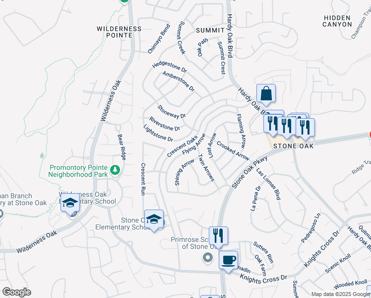 map of restaurants, bars, coffee shops, grocery stores, and more near 25003 Flying Arrow in San Antonio
