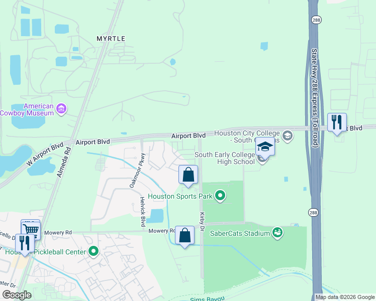 map of restaurants, bars, coffee shops, grocery stores, and more near 9488 Kirby Drive in Houston