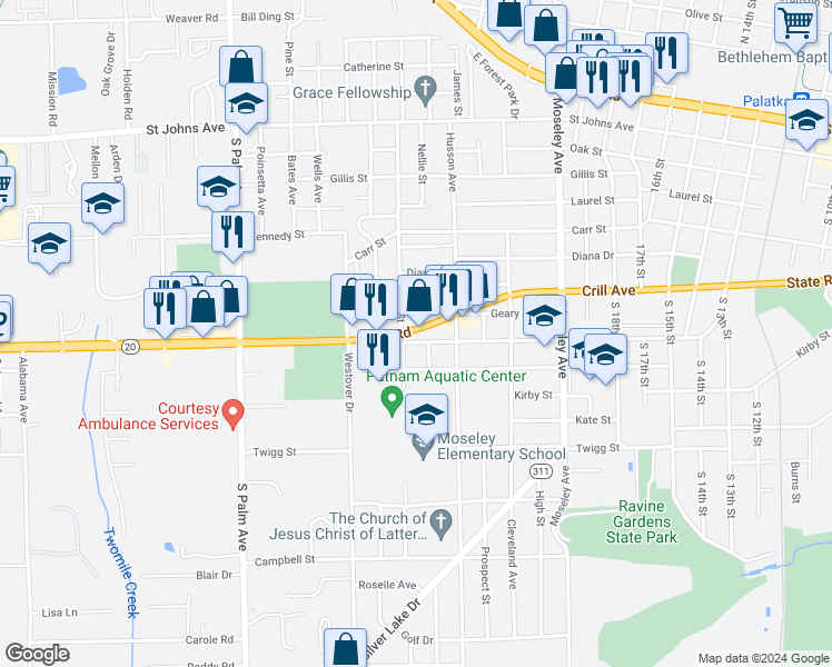 map of restaurants, bars, coffee shops, grocery stores, and more near 2425 Crill Avenue in Palatka