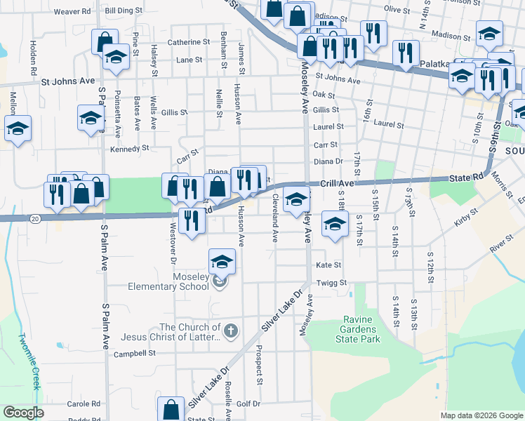 map of restaurants, bars, coffee shops, grocery stores, and more near 2213 President Street in Palatka