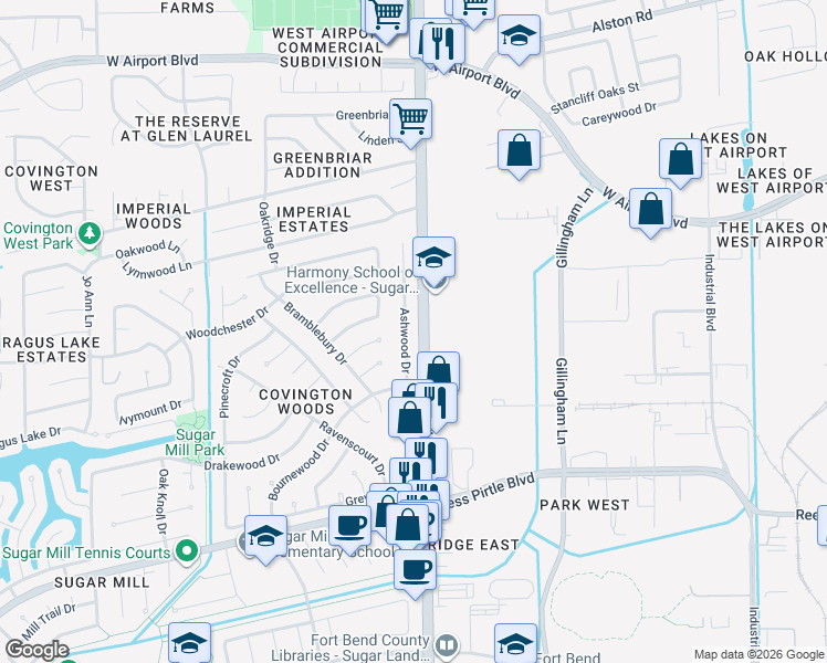 map of restaurants, bars, coffee shops, grocery stores, and more near 1330 Ashwood Drive in Sugar Land
