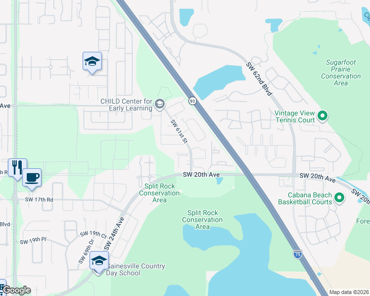 map of restaurants, bars, coffee shops, grocery stores, and more near 1109 Southwest 61st Street in Gainesville