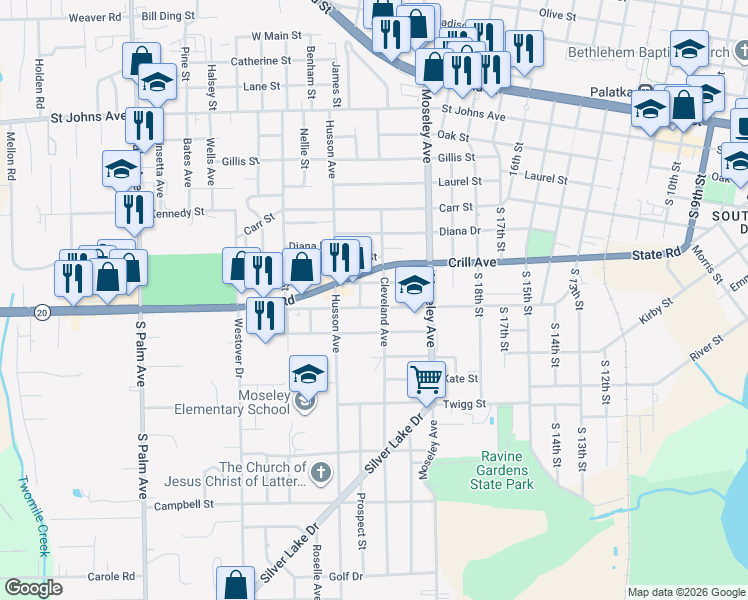 map of restaurants, bars, coffee shops, grocery stores, and more near 2213 President Street in Palatka