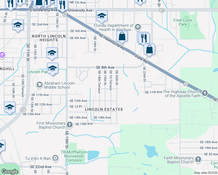 map of restaurants, bars, coffee shops, grocery stores, and more near 1045 Southeast 19 Terrace in Gainesville