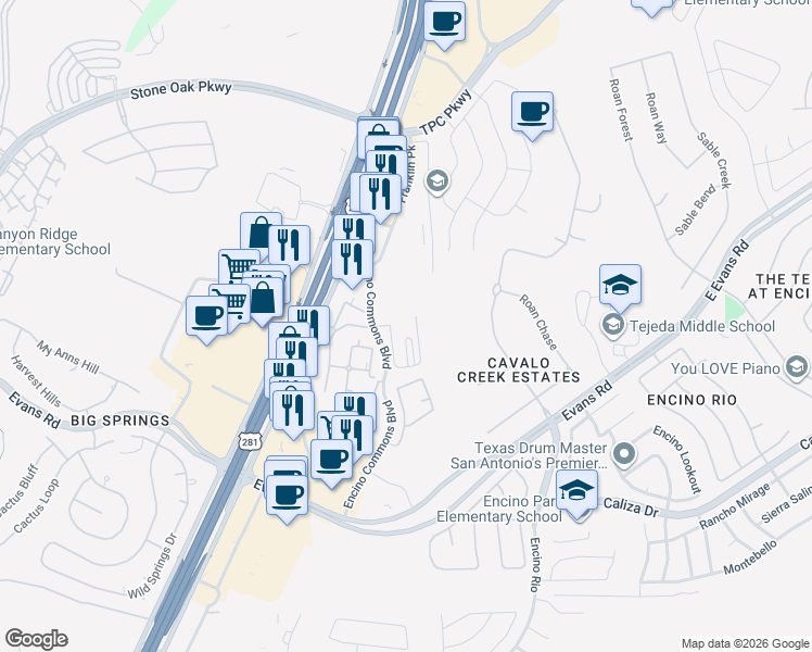 map of restaurants, bars, coffee shops, grocery stores, and more near 21302 Encino Commons in San Antonio